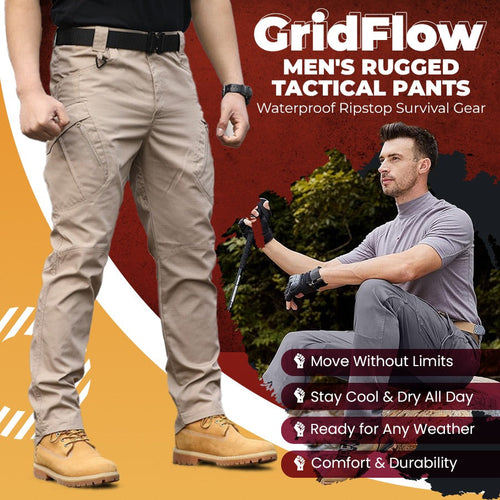 GridFlow  Men's Rugged Tactical Pants - Waterproof Ripstop Survival Gear